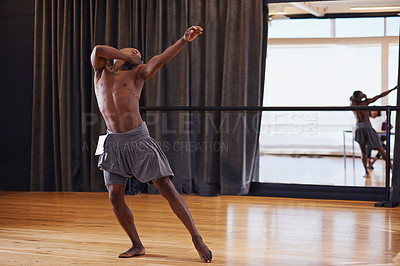 Buy stock photo Studio, talent and male dancer in audition, dancing and sport of art, performance and flexible with health. Competition, grace and energy of black man, stage and body with balance, ballet and show
