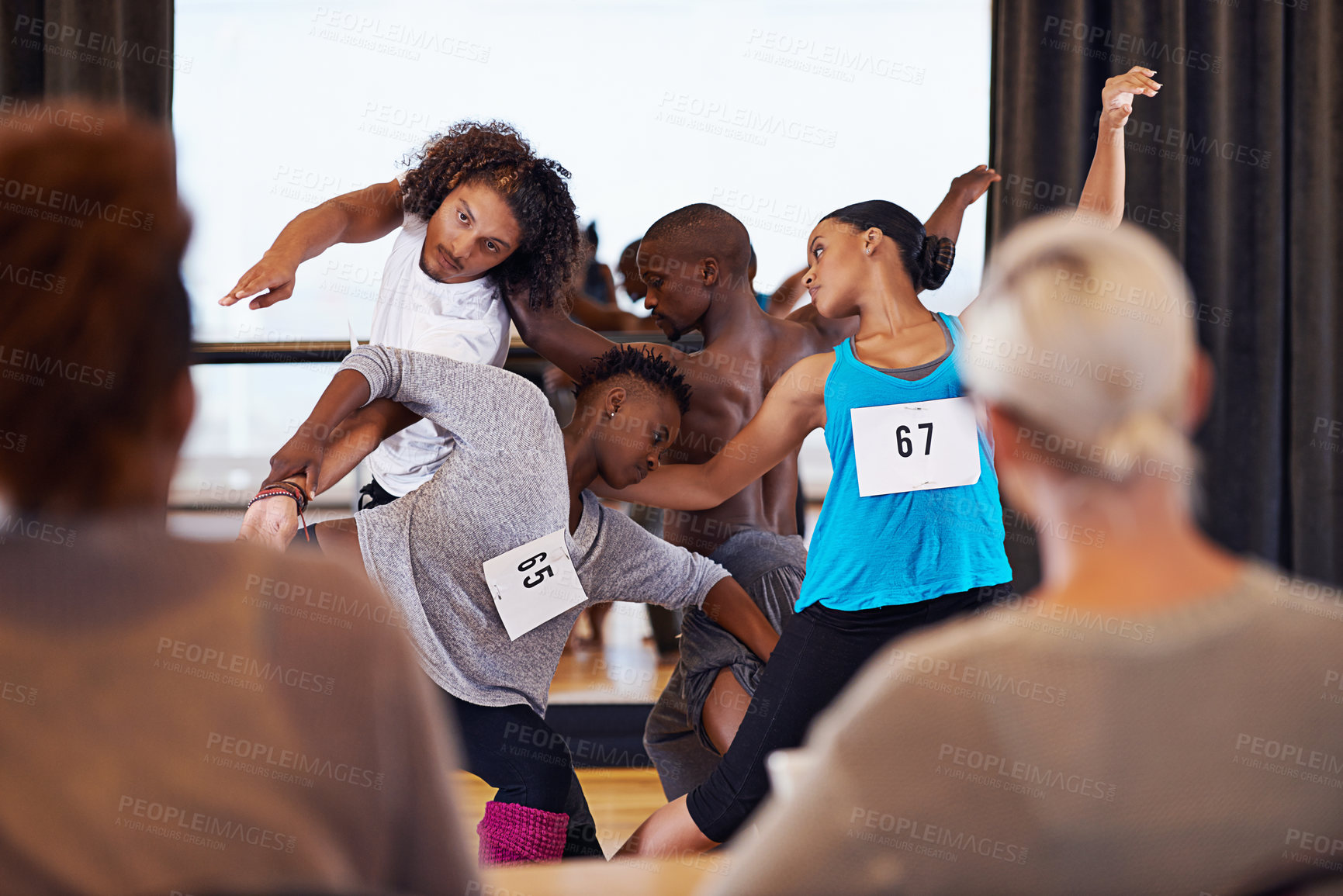 Buy stock photo Judge, dancing and audition for competition with people, performance and energy with movement for creativity. Talent show, action and dancer group, contemporary and art with sports at academy