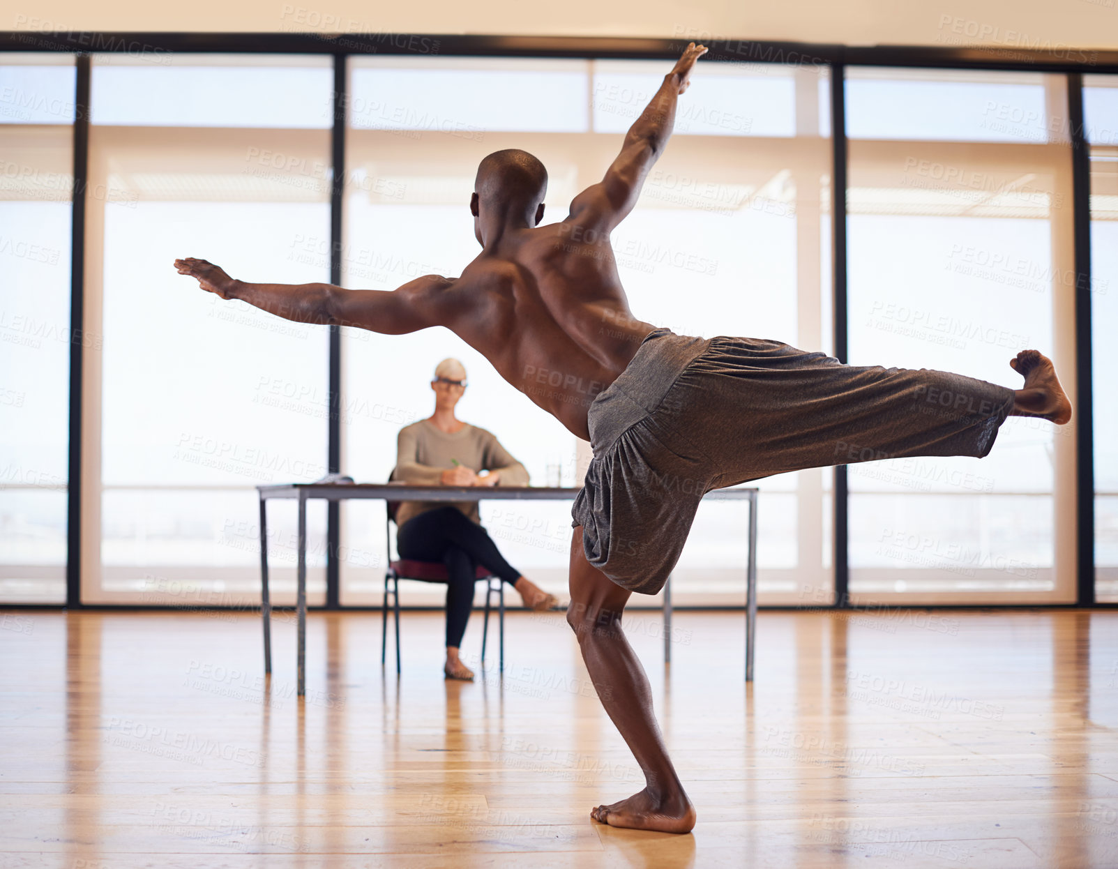 Buy stock photo Dancer, man and performing routine in studio for auditions, casting and ballet for creative school examination. Athlete, person and movement for balance, grace and physical exercise for sport.