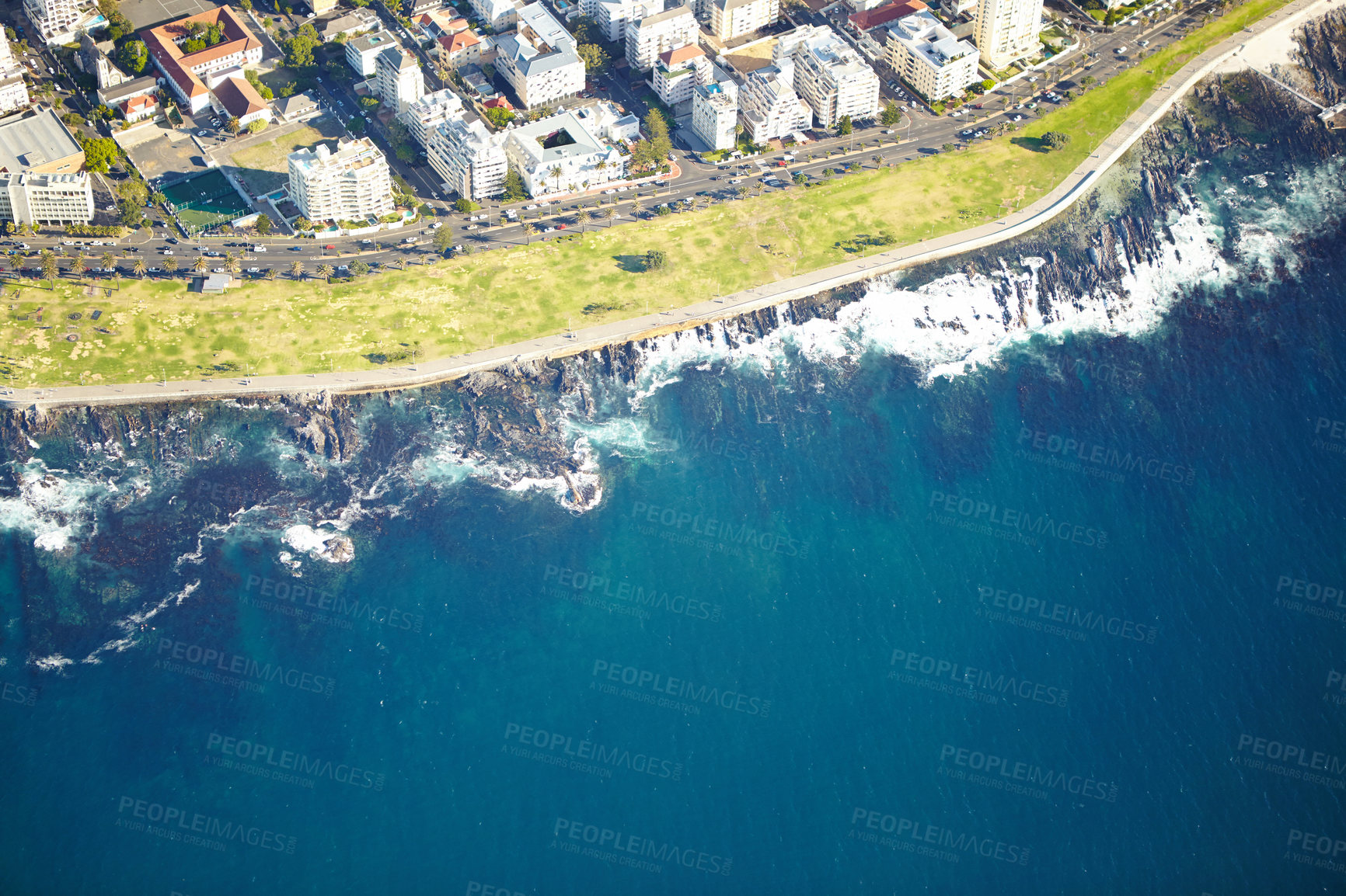 Buy stock photo Aerial view, city and nature of ocean, location and destination for vacation, explore and travel. Tourism, waves and adventure in Sydney, Australia and water of sea to surf, holiday and buildings