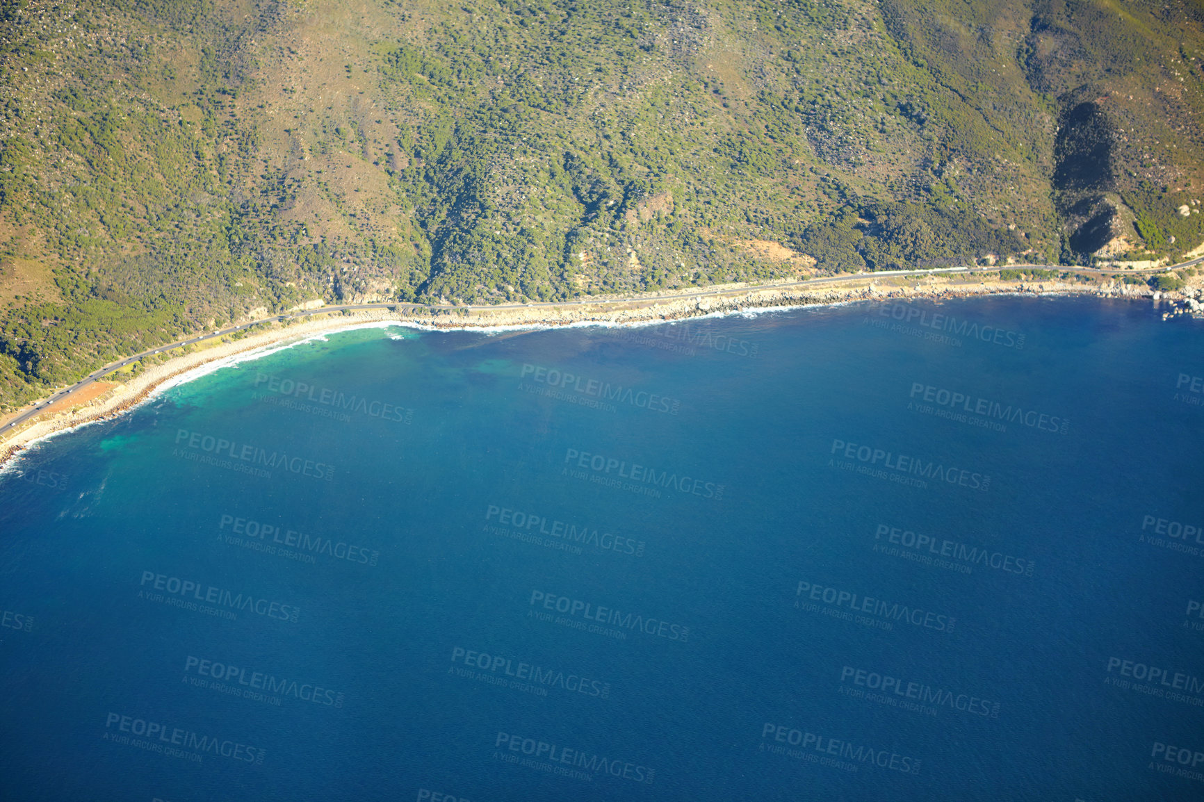 Buy stock photo Nature, ocean and above of island coast by mountain for tropical destination, holiday and vacation. Natural background, travel and aerial of sea for scenic view for landscape, beach and environment