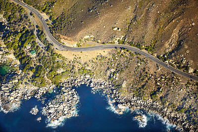 Buy stock photo Aerial view, city and nature of beach, location and destination for vacation, explore and travel. Tourism, waves and adventure in Sydney, Australia and water of sea in island, holiday and road