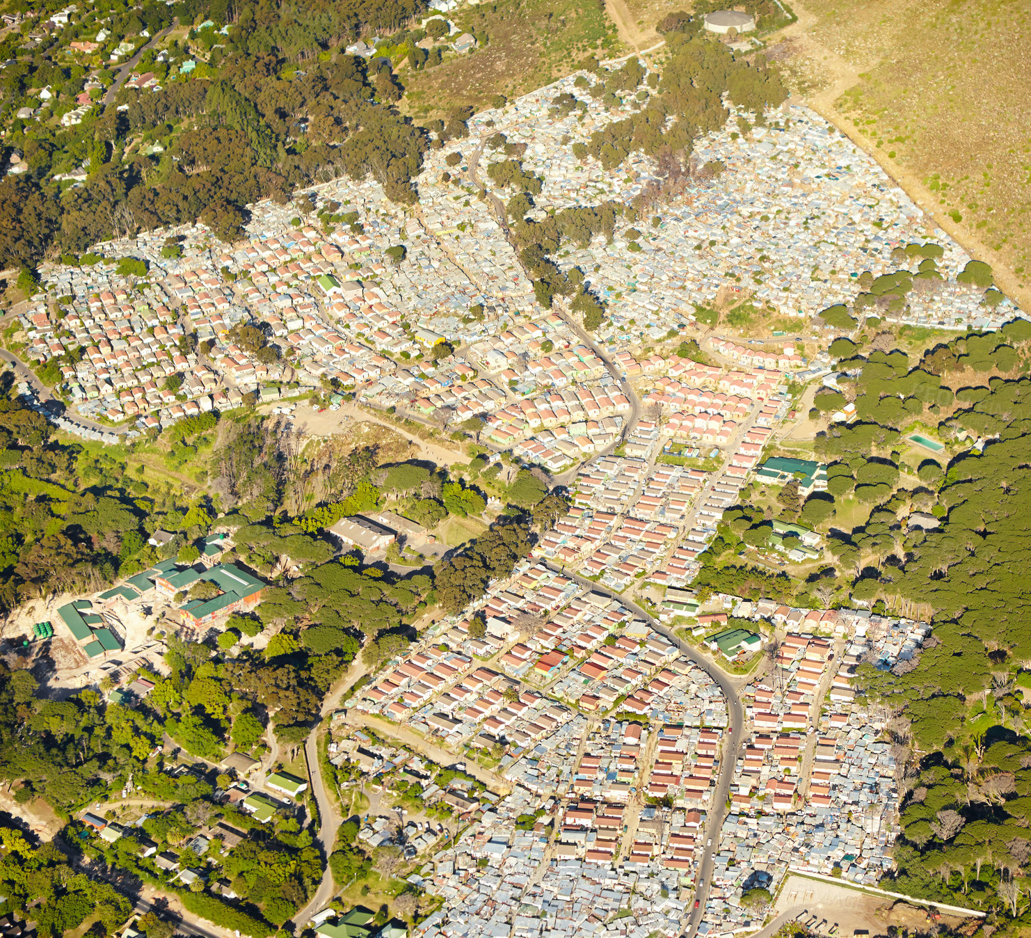 Buy stock photo Aerial view, city and nature of trees, house and destination for vacation, explore and travel. Tourism, road and adventure in Sydney, Australia and street in hill, buildings and trip for holiday