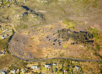 Buy stock photo Aerial view, countryside and forest of trees, house and destination for vacation, explore and travel. Tourism, road and adventure in Sydney, street and hill in nature, buildings and trip for holiday