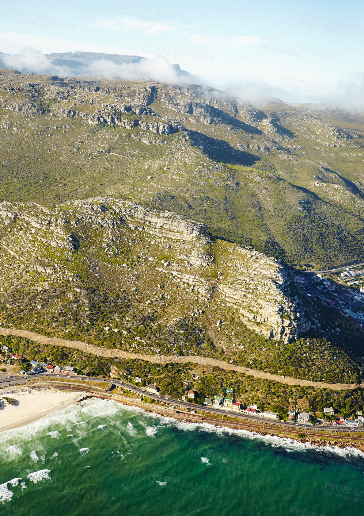 Buy stock photo Nature, aerial and coastline with mountain for holiday travel, environment or weekend getaway. Drone, empty and beach waves with landscape for location, summer vacation or tropical trip to Brazil