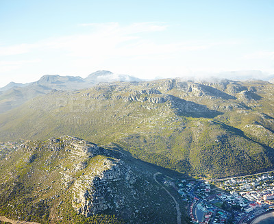 Buy stock photo Aerial view, city and forest of trees, mountain and destination for vacation, explore and travel. Tourism, road and adventure in Sydney, Australia and street in hill, buildings and trip for holiday