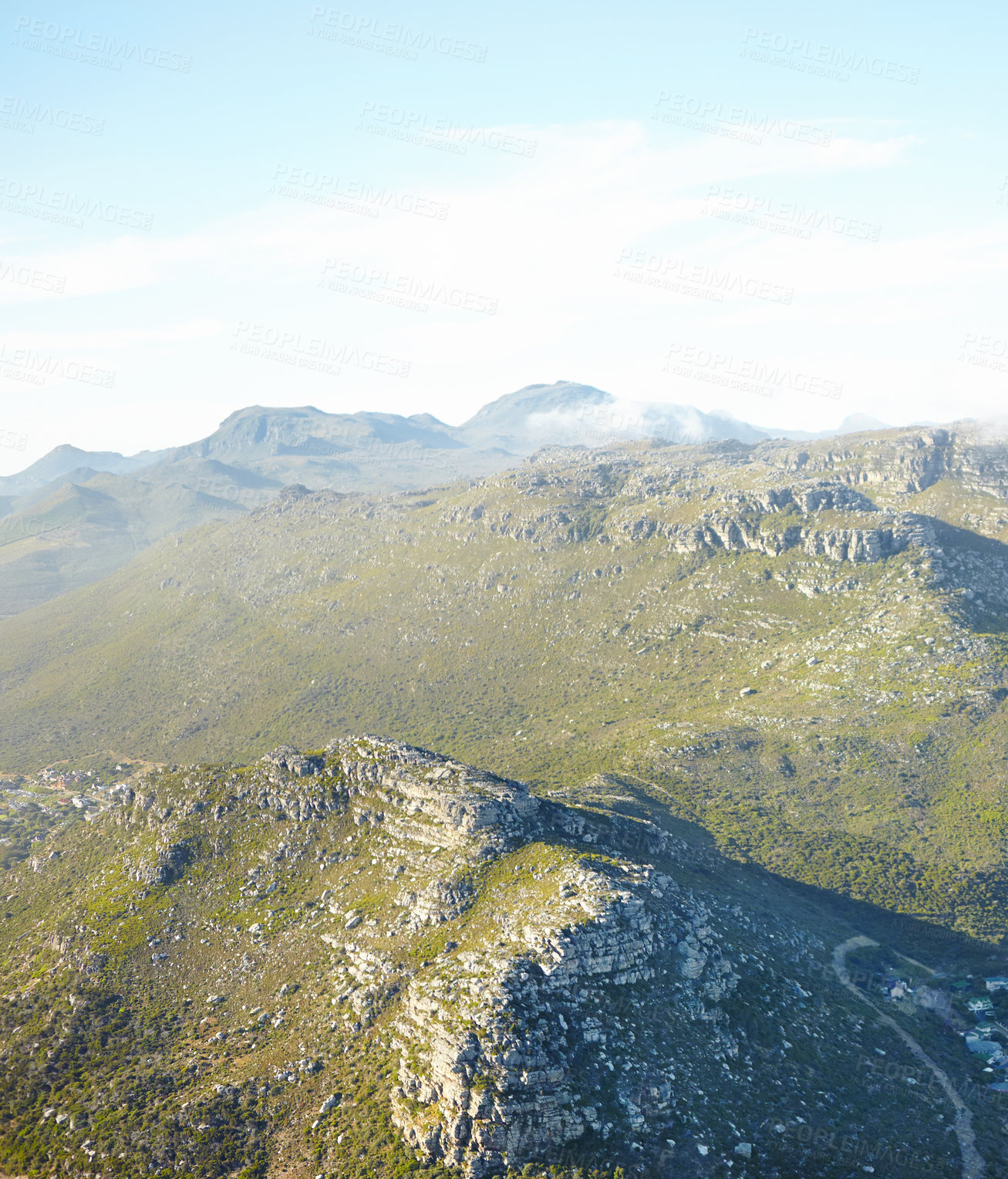 Buy stock photo Aerial, nature and mountain with clouds for environment, countryside or eco friendly tourism. Drone, empty and horizon with blue sky for sustainability, natural landscape or explore in Switzerland