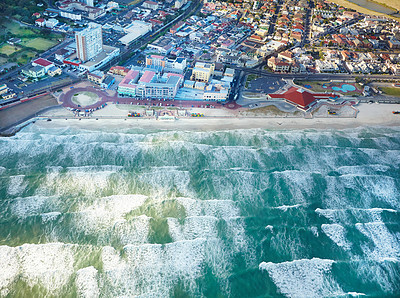 Buy stock photo Aerial view, city and nature of beach, location and destination for vacation, explore and travel. Tourism, waves and adventure in Sydney, Australia and water of sea to surf, holiday and buildings