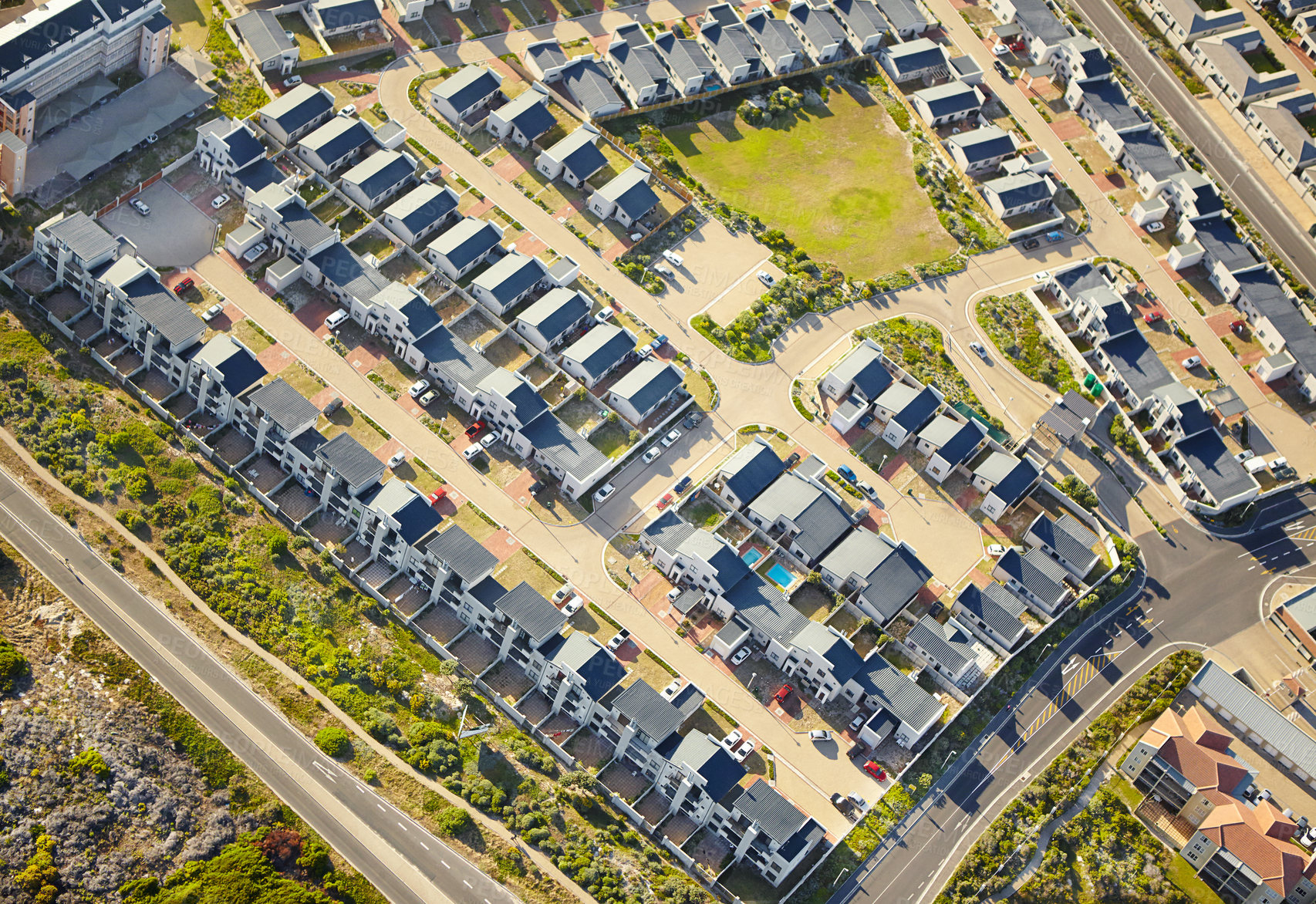 Buy stock photo Aerial view, city and nature of location, buildings and destination for vacation, explore and travel. Tourism, road and adventure in Berlin, Germany and trip for tourist, holiday and peace of trees