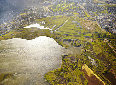 Buy stock photo Aerial view, city and nature of ocean, water and destination for vacation, explore and travel. Tourism, waves and adventure in Sydney, Australia and location of sea to surf, holiday and buildings