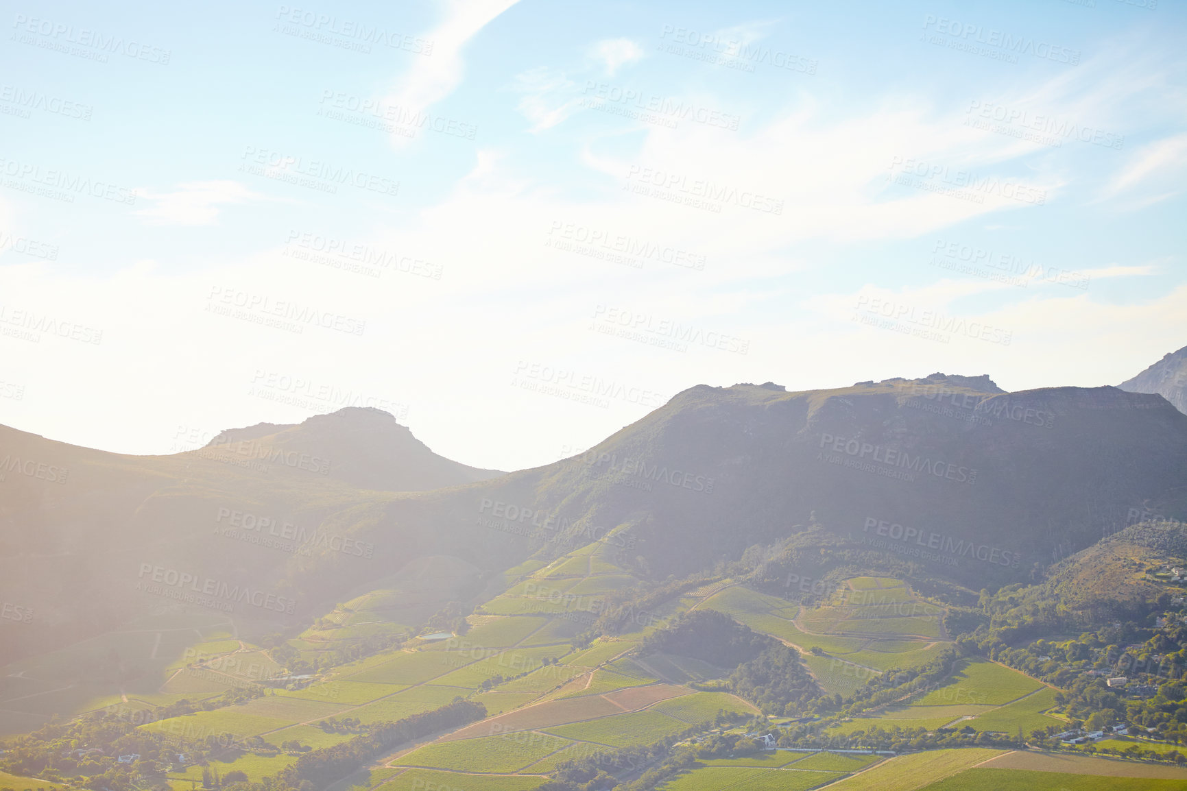 Buy stock photo Sky, nature and mountain with field for environment, countryside or eco friendly tourism. Empty, clouds and horizon with sunshine for sustainability, natural landscape or explore in Switzerland