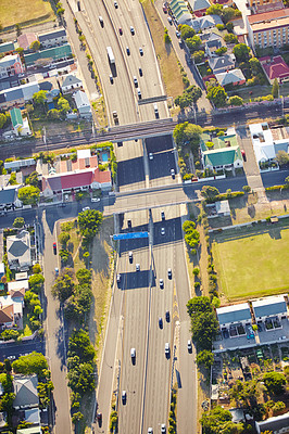 Buy stock photo Aerial highway, driving and cars on road with landscape for satellite image, nature and sunshine in city. Transport, urban street and bridge infrastructure for overpass, map and travel in Brazil