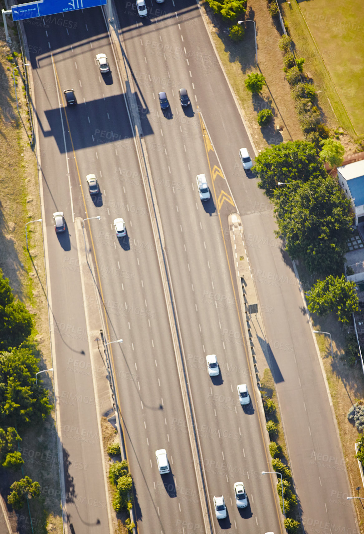 Buy stock photo Aerial, road and highway with vehicles for transportation, traffic flow or infrastructure in countryside. Outdoor, empty and driving on street for travel destination, commute or environment in Kansas