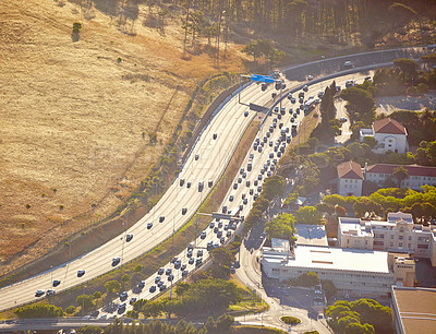 Buy stock photo Aerial view, city and nature of highway, location and destination for vacation, explore and travel. Tourism, drone and adventure in Sydney, Australia and street in hill, buildings or trip for holiday