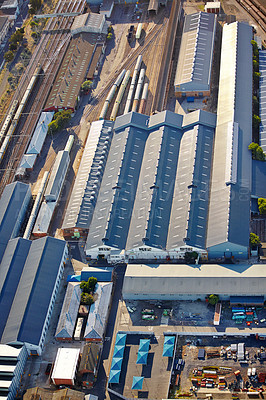 Buy stock photo Urban, business park and aerial view of warehouse, factory and city district development. Industrial, train and manufacturing or production street for road, shipping and transportation for cargo