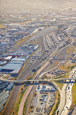 Buy stock photo Aerial shot of a busy rail transportation hub