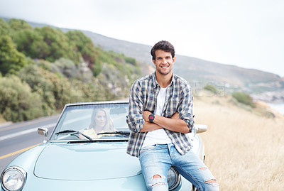 Buy stock photo Portrait, couple and man on road trip on car for travel, vacation or holiday outdoor in Germany. Transport, woman and smile of confident partner with arms crossed for adventure and journey on hood