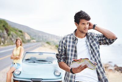 Buy stock photo Car, confused and lost man with map for direction, holiday journey and search location for destination. Thinking, convertible motor and guy with stress for vacation travel and paper gps in France