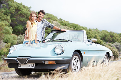 Buy stock photo Portrait, break or happy couple in countryside on road trip on holiday together for love, memory or adventure. Smile, convertible or people in car vehicle on outdoor vacation for journey or honeymoon