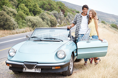 Buy stock photo Hug, portrait or happy couple in countryside on road trip on holiday together for love, travel or adventure. Break, convertible or people in car on outdoor vacation for journey, drive or honeymoon