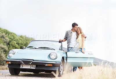 Buy stock photo Hug, holiday or happy couple in countryside on road trip on break together for love, travel or adventure. Thinking, convertible and people in car on outdoor vacation for journey, drive and honeymoon