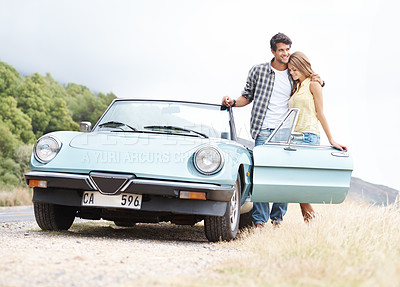 Buy stock photo Love, vacation or happy couple hug on road trip in countryside together for peace, travel or adventure. Thinking, convertible and people in car on holiday for journey, drive and honeymoon romance