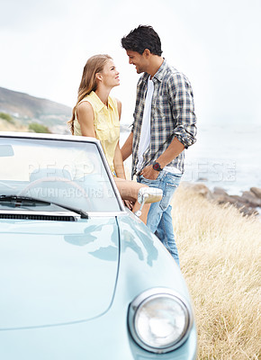 Buy stock photo Romance, love or happy couple on road trip on holiday together for break, smile or adventure in nature. Memory, convertible and people in car vehicle for outdoor vacation for journey or honeymoon