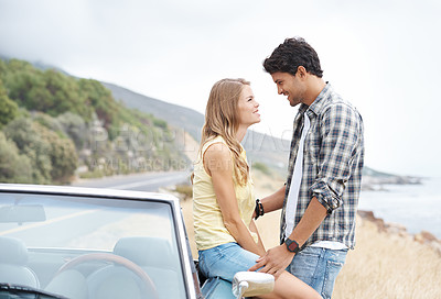 Buy stock photo Romantic, love or happy couple on road trip on holiday together for break, smile or adventure in nature. Memory, convertible and people in car vehicle for outdoor vacation for journey or honeymoon 