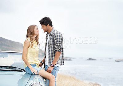 Buy stock photo Beach, romance or happy couple hug on road trip on holiday together for break, love or adventure. Mock up space, convertible or people in car vehicle for outdoor vacation for journey or honeymoon