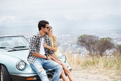 Buy stock photo Couple, happy hug and road trip journey by car in summer vacation for freedom, love and adventure together. Care, man and woman travel for holiday, people and outdoor by vehicle for romance on break