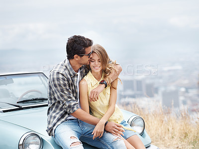 Buy stock photo Couple, happy hug and outdoor for summer vacation for love with trust, romance together and dating. Care, man and woman travel for holiday, road trip for adventure for celebration and commitment