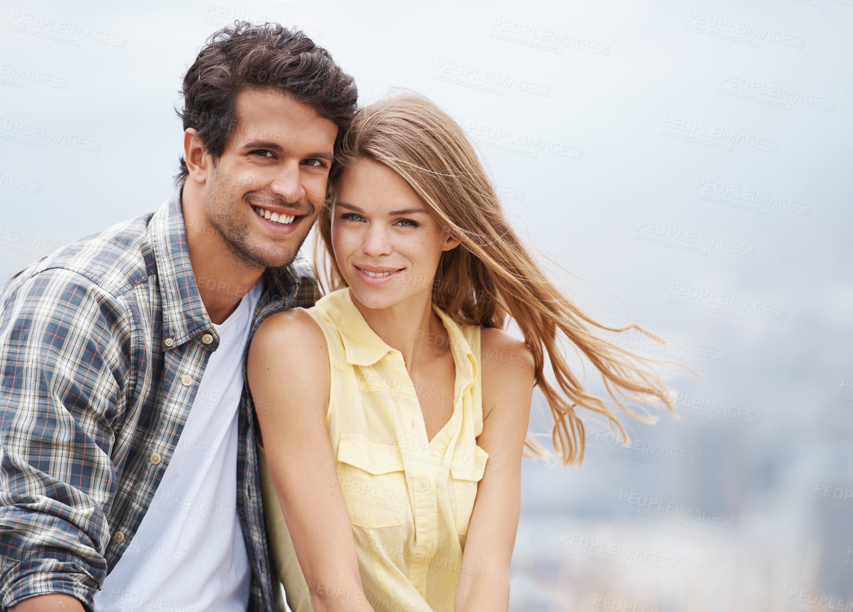 Buy stock photo Couple, happy hug and portrait outdoor for summer vacation for love, freedom and adventure together. Care, man and woman travel for holiday, people and outside for engagement celebration with smile