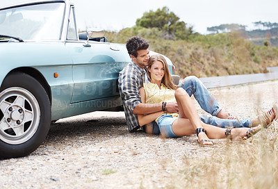 Buy stock photo Nature, love or happy couple relax on road trip on holiday together for break, romance or adventure. Memory, convertible or people in car vehicle for outdoor vacation for journey or honeymoon 