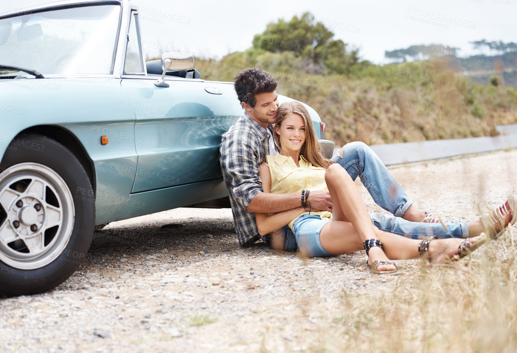 Buy stock photo Nature, love or happy couple relax on road trip on holiday together for break, romance or adventure. Memory, convertible or people in car vehicle for outdoor vacation for journey or honeymoon 