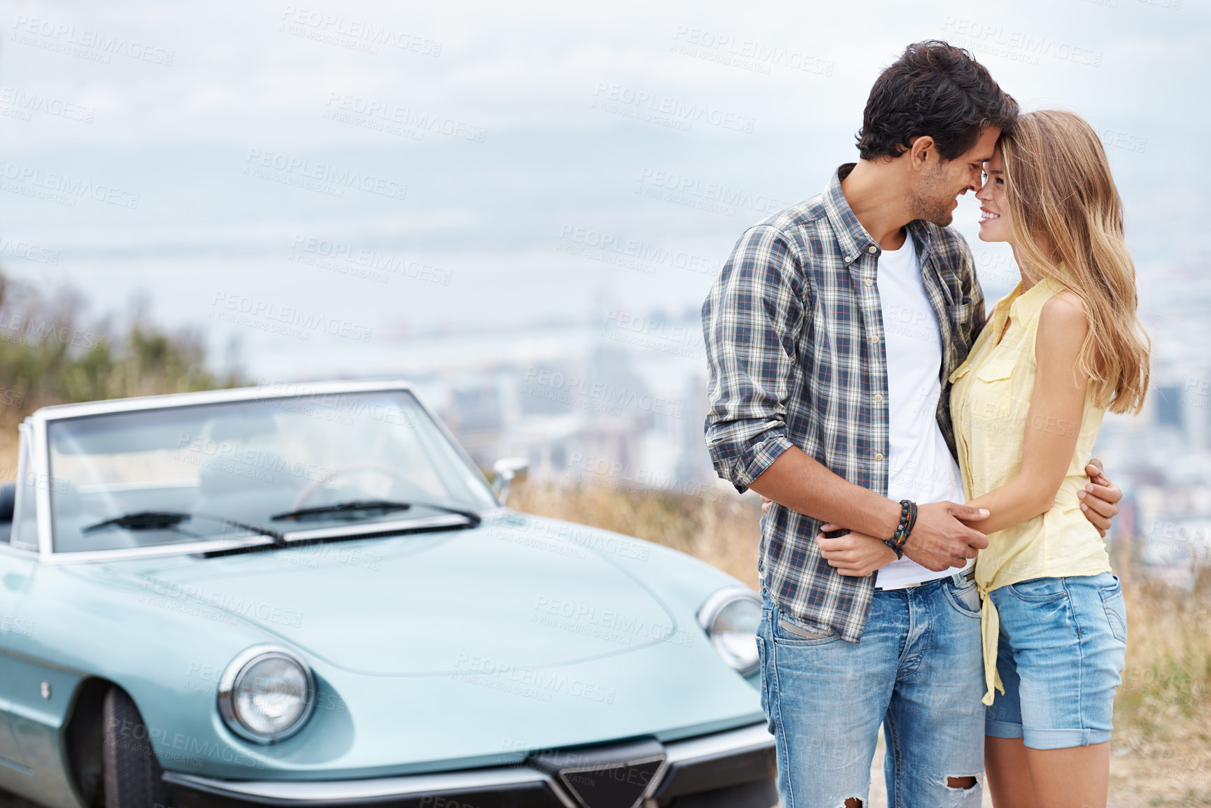 Buy stock photo Date, romance and happy couple hug on road trip on holiday together for break, love or adventure in park. Relax, convertible or people in car vehicle for outdoor vacation for journey or honeymoon