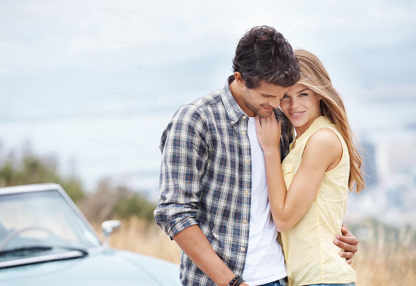 Buy stock photo Couple, happy hug and freedom, commitment outdoor for summer vacation for love and adventure together. Care, man and woman travel for holiday, people and outside for engagement celebration with smile