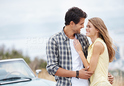 Buy stock photo Happy couple, hug and love with car for road trip, embrace or outdoor holiday together in nature. Man, woman or lovers with smile or vehicle on mountain or romantic date, journey or adventure outside