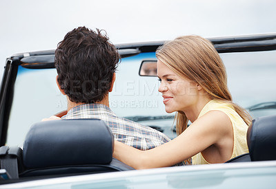 Buy stock photo Couple, back and road trip in car for travel, love and journey with explore, adventure or vacation. People, happy and date in convertible with driving for fun summer, holiday or freedom outdoor