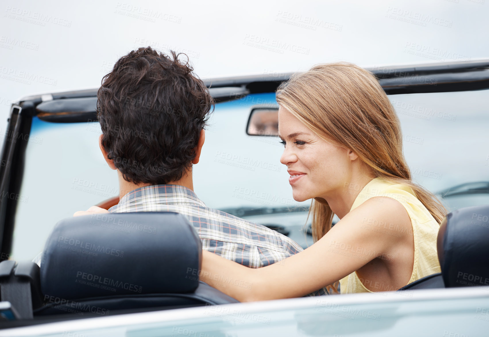 Buy stock photo Couple, back and road trip in car for travel, love and journey with explore, adventure or vacation. People, happy and date in convertible with driving for fun summer, holiday or freedom outdoor