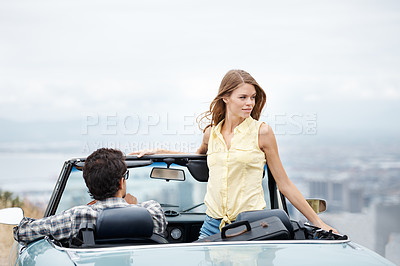 Buy stock photo Road trip, city and couple in car on holiday, vacation and adventure for bonding, relax and honeymoon. Travel destination, dating and man and woman in vehicle for transport, journey and driving