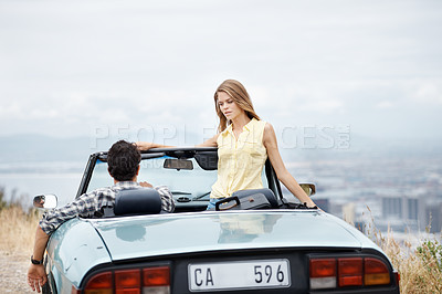 Buy stock photo Road trip, city and couple in car on cliff on holiday, vacation and adventure for bonding, love and explore. Travel destination, dating and man and woman in vehicle for transport, journey and driving