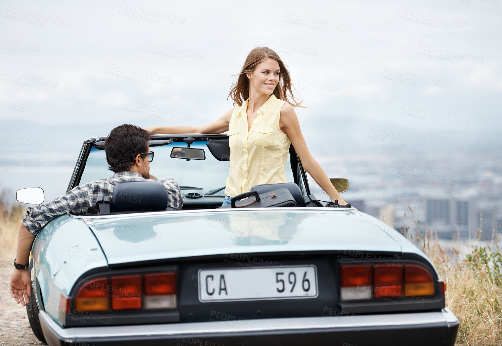 Buy stock photo Road trip, happy and couple in car in city on holiday, vacation and adventure for bonding, explore and fun. Travel destination, dating and man and woman in vehicle for transport, journey and driving