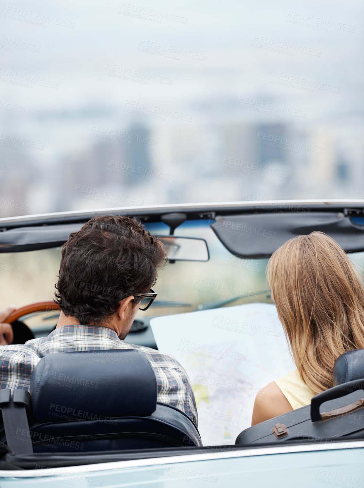 Buy stock photo Car, couple and reading map for travel on road trip, vacation and plan holiday by back of convertible outdoor. Man, woman and direction guide on transport for journey, adventure or drive to location