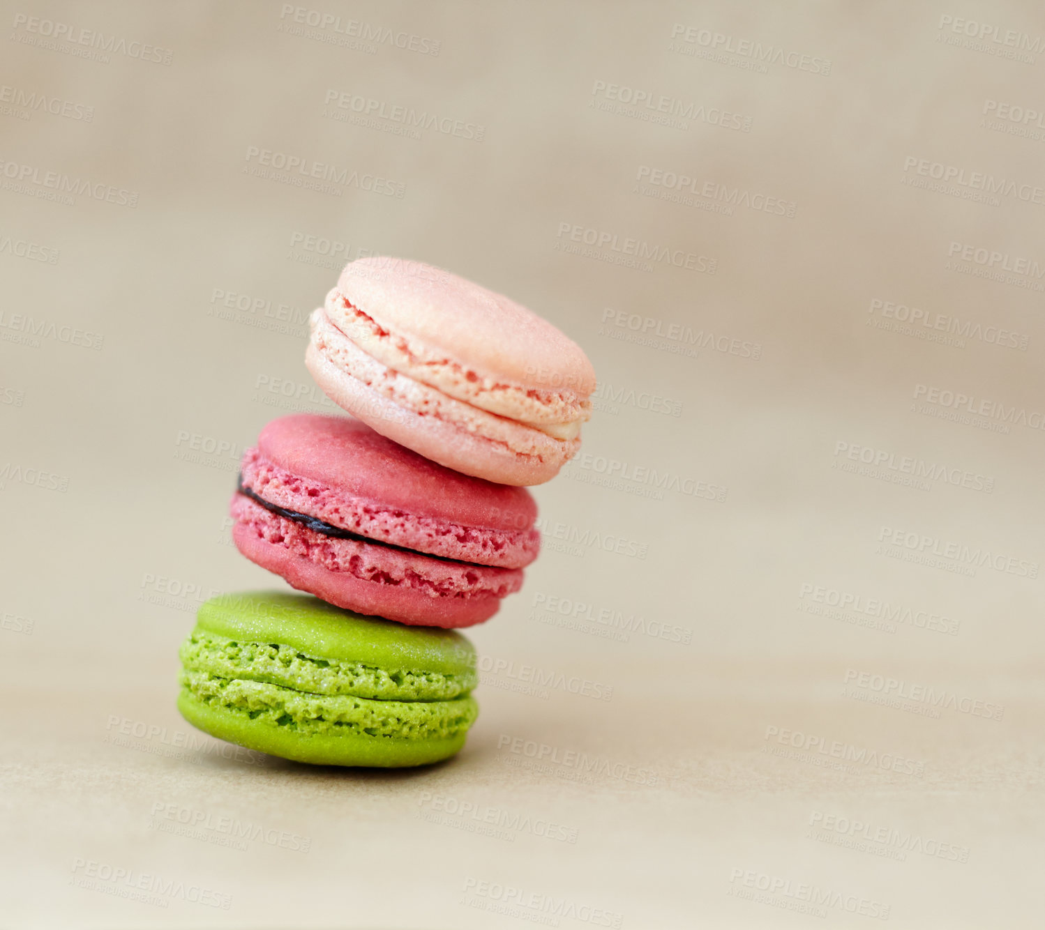 Buy stock photo Macaroons, dessert and stack of French sweets with variety, delicacy and treats on studio background. Baked candy, luxury and different flavors of confectionery for bakery, fine dining and cookies