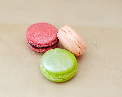 Buy stock photo Dessert, macaroons and variety of French sweets with colors, delicacy and treats on studio background. Baked candy, cookies and different flavors of confectionery for special occasion or fine dining