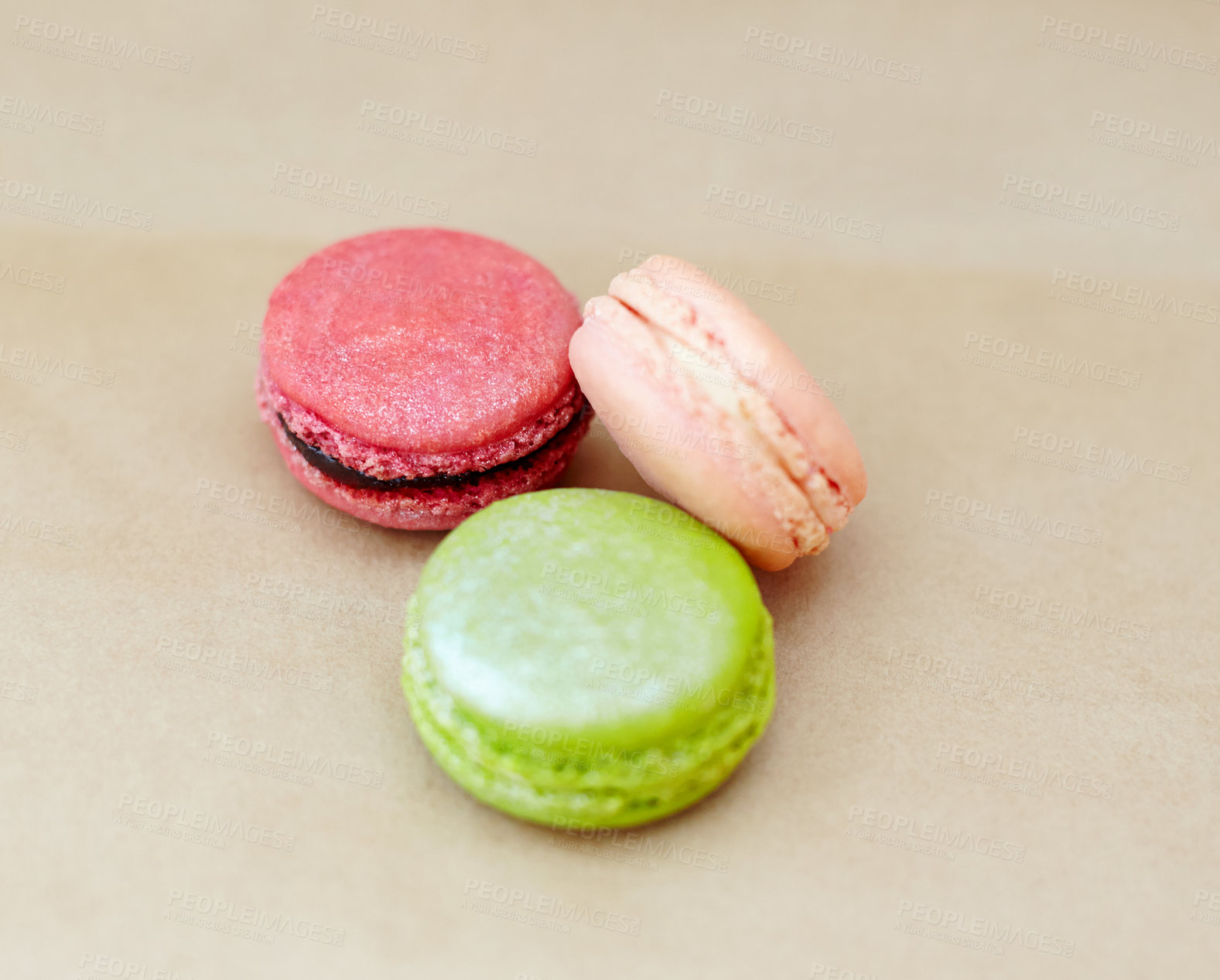 Buy stock photo Dessert, macaroons and variety of French sweets with colors, delicacy and treats on studio background. Baked candy, cookies and different flavors of confectionery for special occasion or fine dining