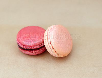 Buy stock photo Macaroons, dessert and color of French sweets with variety, delicacy and treats on studio background. Baked candy, cake and different flavors of confectionery for bakery, fine dining and cookies