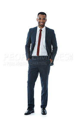 Buy stock photo Suit, lawyer and happy black business man in studio isolated on white background. Professional attorney, portrait and confident employee, legal advocate and African advisor in law firm for career