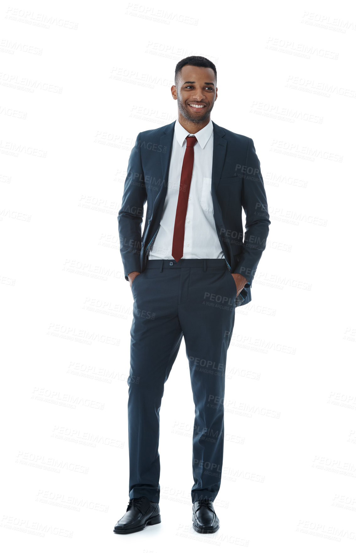 Buy stock photo Smile, suit and black man in studio with confidence for legal career, lawyer job and entrepreneur. African, attorney and happy with professional clothes, corporate and businessman by white background