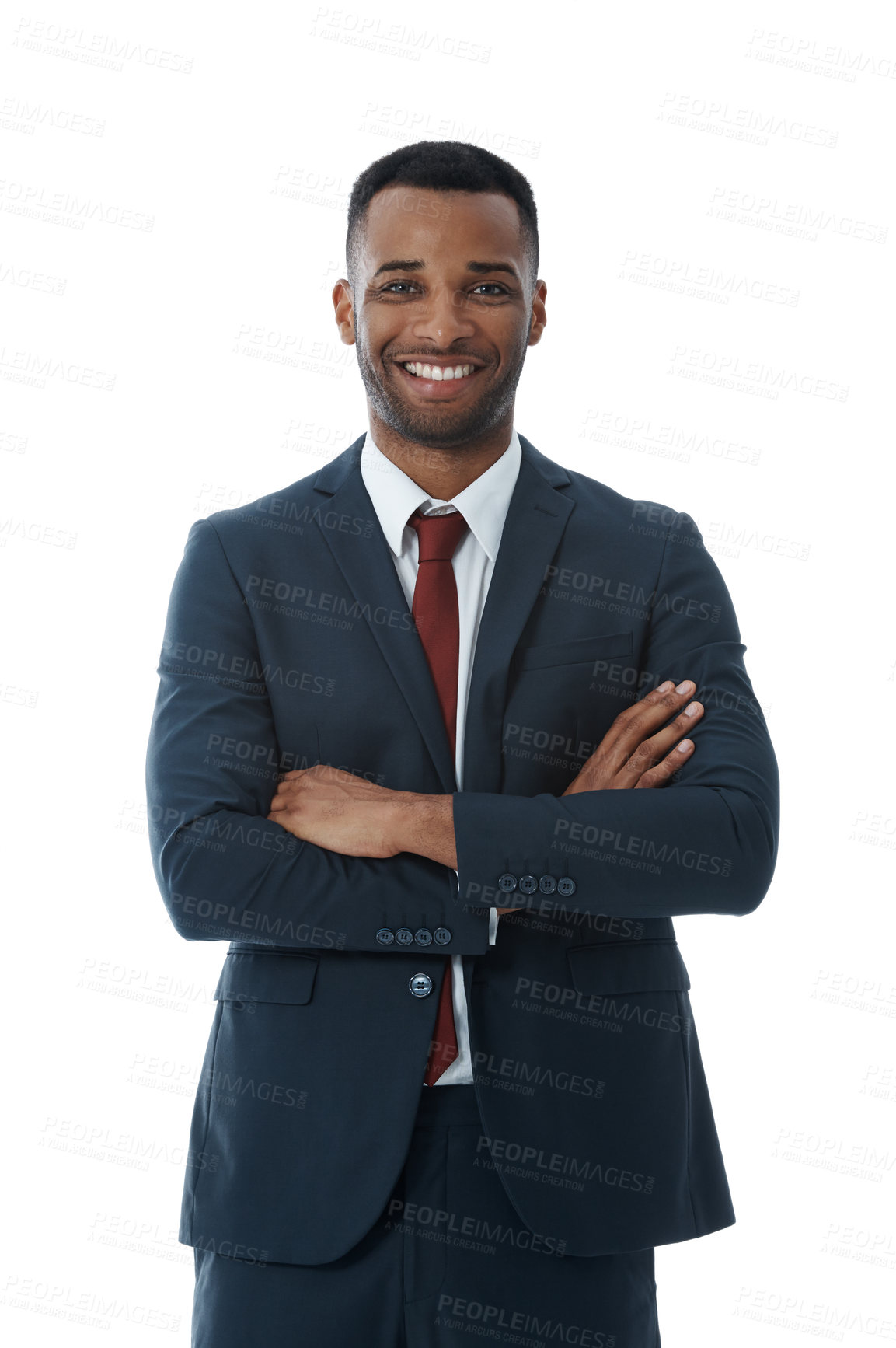 Buy stock photo Businessman, happy and confident in studio with portrait for professional career in corporate law, legal practice and justice. Male lawyer, arms crossed and pride for attorney with white background.